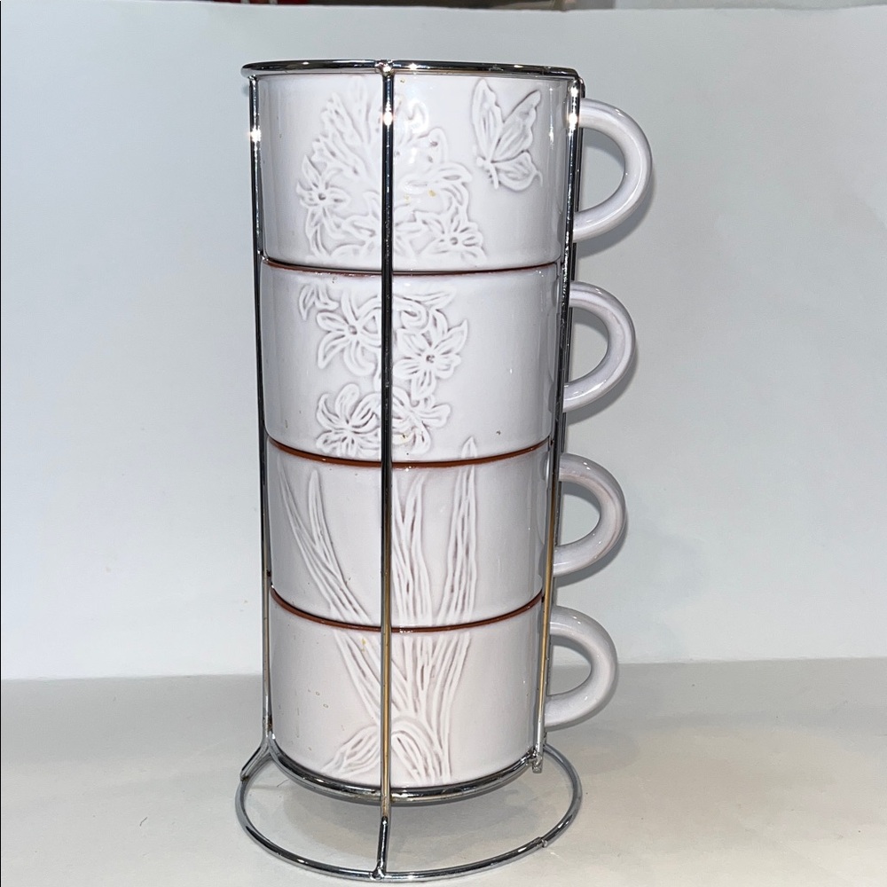 Pier 1 White Floral Embossed Glazed Terracotta Stacking Mugs with Stand